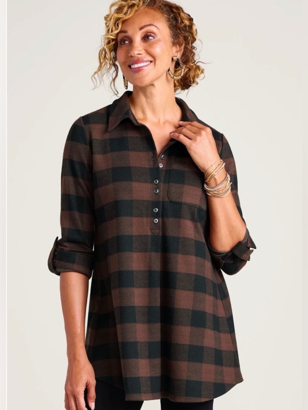 Soft Surroundings Brown Buffalo Plaid Cozy Knit Tunic Top Petite XL